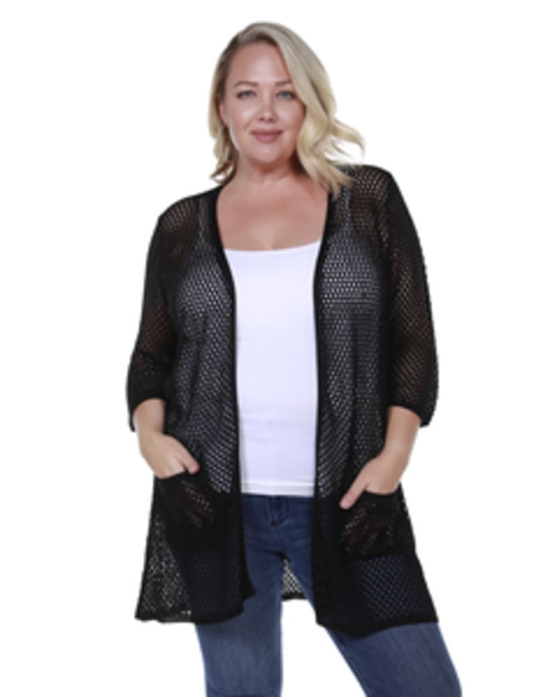 Front of a model wearing a size 1X Colleen Open Front Sparkle Cardigan in BLACK / BLACK by Belldini Black Label. | dia_product_style_image_id:246178